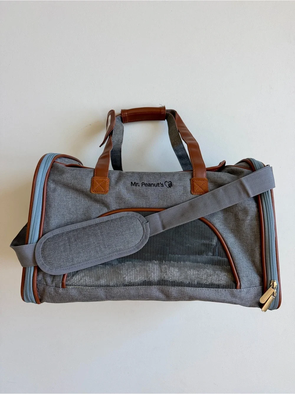 Expandable Pet Travel Carrier with Shoulder Strap. Mr. Peanut’s, Gray and Brown